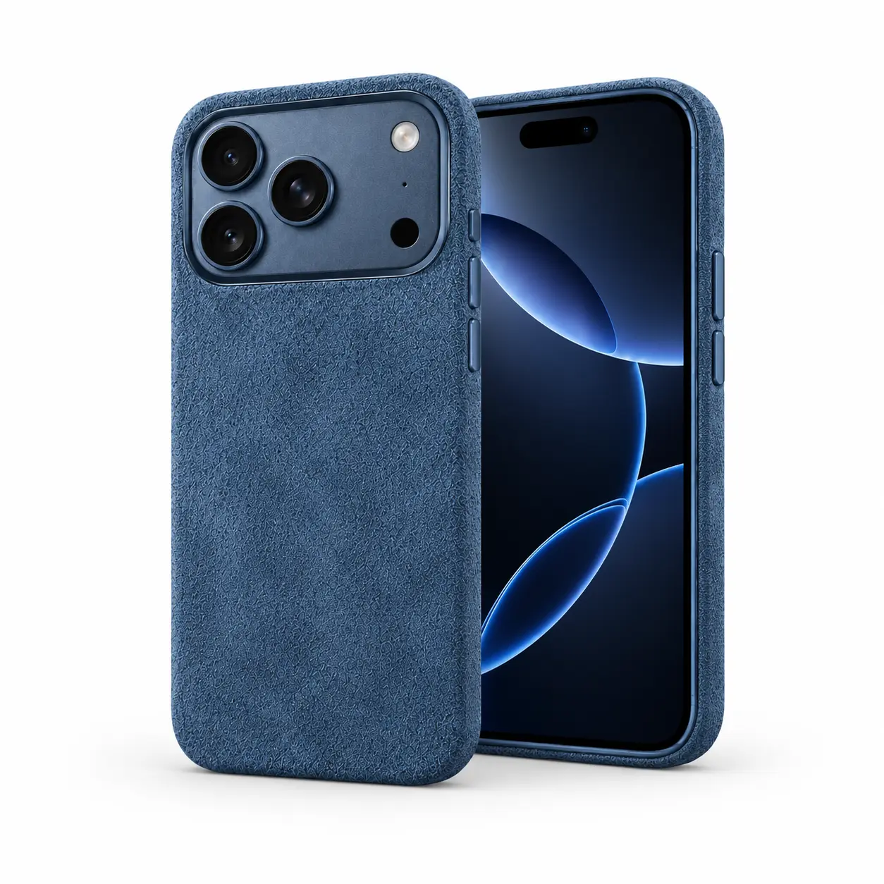 Coque Alcantara sur un iPhone 17 Pro, vue de dos et de face